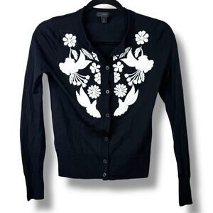 J.Crew Jackie White Embroidered Floral Design Black Merino Wool Button Cardigan